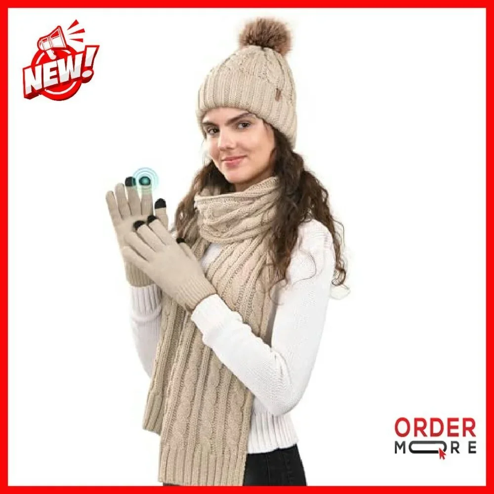 Winter Hat Scarf Gloves Set Fleece Knit Pom Beanie Touchscreen